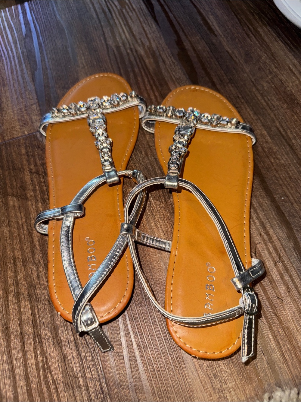 BAMBOO Silver Jeweled T-Strap Tan Footbed Sandals